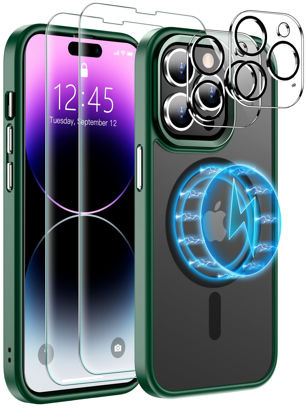 Picture of [6 in 1 Magnetic for iPhone 14 Pro Max Case [Compatible with MagSafe][2Pcs Glass Screen Protector+2Pcs Camera Lens Protector] Skin-Friendly Shockproof Translucent Matte Case Cover 6.7”- Green 001
