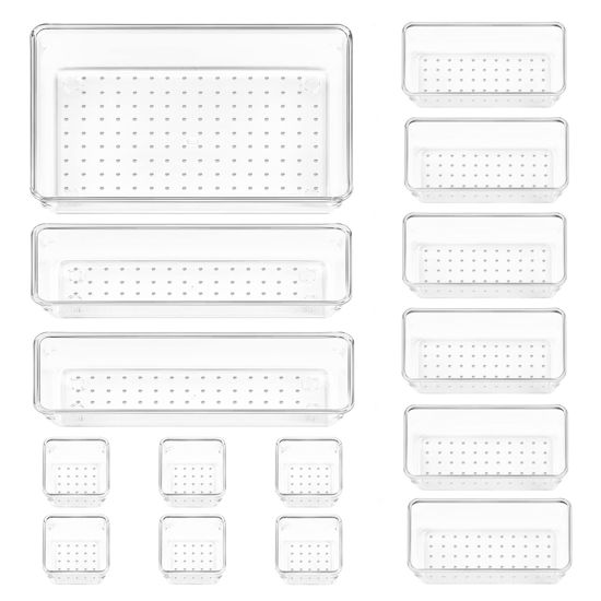 Picture of Vtopmart 15 PCS Clear Plastic Drawer Organizers Set, 4-Size Versatile Bathroom and Vanity Drawer Organizer Trays, Storage Bins for Makeup, Bedroom, Kitchen Gadgets Utensils and Office