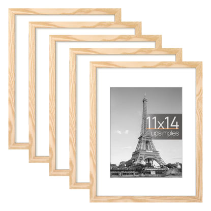 Picture of upsimples 11x14 Picture Frame Set of 5, Display Pictures 8x10 with Mat or 11x14 Without Mat,Wall Gallery Photo Frames, Natural