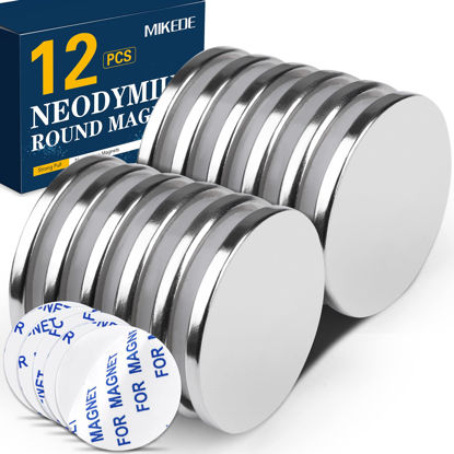 Picture of MIKEDE Neodymium Disc Magnets with Double-Sided Adhesive, 12 Pack Super Strong Rare Earth Magnets 1.26 inch D x 0.08 inch H