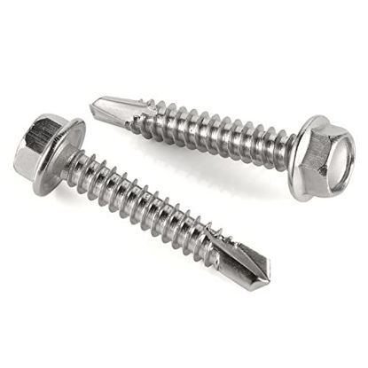 Picture of #14 x 1-1/2" (3/4" to 3" Available) Hex Washer Head Self Drilling Screws, Self Tapping Sheet Metal Tek Screws, 410 Stainless Steel, 50 PCS