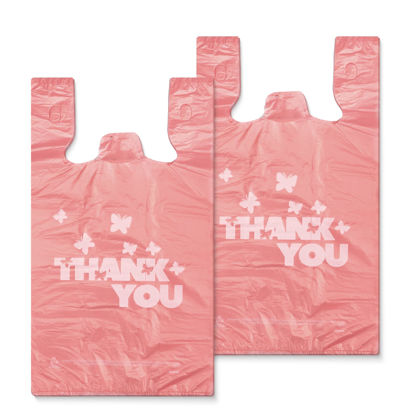 Picture of PINK Thank you bags, 100PCS T shirt bags, To Go Bags,Grocery bags, Reusable and Disposable,Perfect for Small Business,Take Out,Retails,11 inchx6 inchx21 inch(100),Large