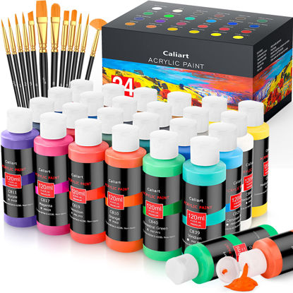 Picture of Caliart Acrylic Paint Set With 12 Brushes, 24 Colors (120ml, 4oz) Art Craft Paints for Artists Kids Students Beginners & Painters, Canvas Halloween Pumpkin Ceramic Wood Rock Painting Art Supplies Kit