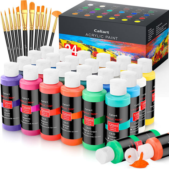 Picture of Caliart Acrylic Paint Set With 12 Brushes, 24 Colors (120ml, 4oz) Art Craft Paints for Artists Kids Students Beginners & Painters, Canvas Halloween Pumpkin Ceramic Wood Rock Painting Art Supplies Kit