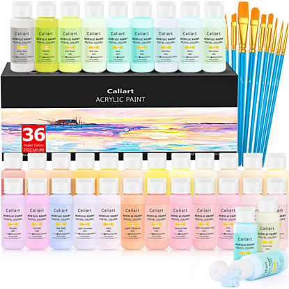 Picture of Caliart Acrylic Paint Set with 12 Brushes, 36 Pastel Colors (59ml, 2oz) Art Craft Paint for Artists Students Kids Beginners & Hobby Painters, Halloween Canvas Ceramic Wood Rock Painting Supplies Kit