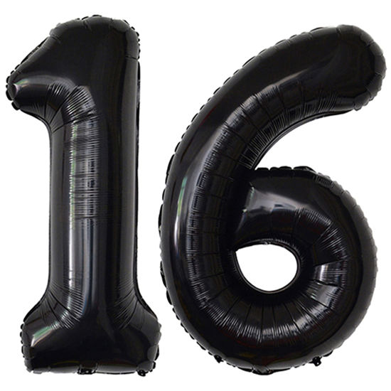 Picture of 16 Number Balloons Black Big Giant Jumbo Big Large 16 or 61 Foil Mylar Helium Number Balloons Black 16th 61st Birthday Party Anniversary Events Decorations for Boy Girl