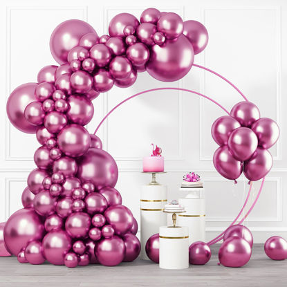 Picture of RUBFAC Metallic Pink Balloons Different Sizes 105pcs 5/10/12/18 Inch Metallic Magenta Balloon Garland Kit for Wedding Baby Shower Birthday Party Supplies Bridal Shower Decorations