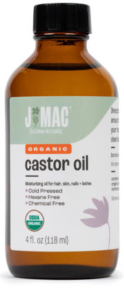 Picture of J MAC BOTANICALS Organic Castor Oil Cold Pressed (Glass Bottle, 4 oz, NO DROPPER), pure castor oil, hexane free, castor oil for face, skin, castor oil for eyelashes, cold pressed organic castor oil