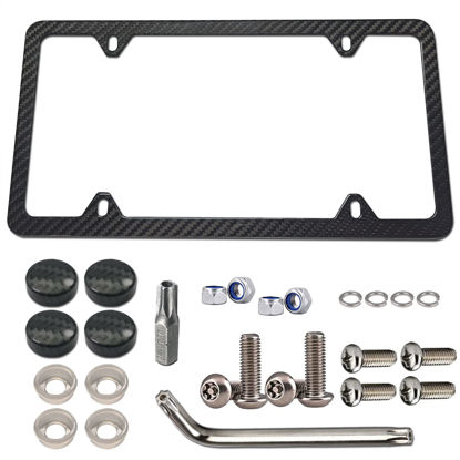 Picture of BGGTMO Carbon Fiber License Plate Frame-Aluminum License Plate Frames Handmade Covering 100% Real Carbon Fiber | Stainless Steel Tamper Proof License Plate Screws,CF Cover | 4 Hole Slim Frame 1 Pack