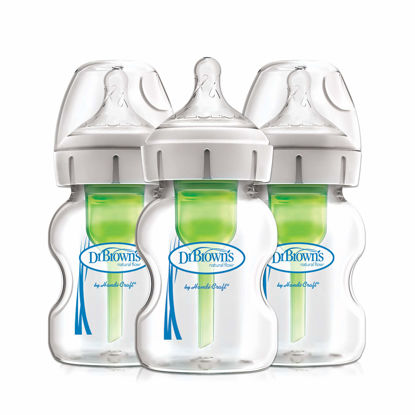 Picture of Dr. Brown’s Natural Flow® Anti-Colic Options+™ Wide-Neck Glass Baby Bottles 5 oz/150 mL, with Level 1 Slow Flow Nipple, 3 Pack, 0m+
