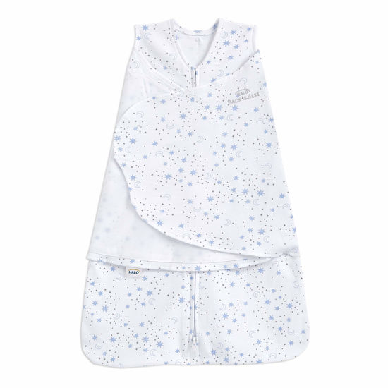 Picture of HALO 100% Cotton Sleepsack Swaddle, 3-Way Adjustable Wearable Blanket, TOG 1.5, Midnight Moons Blue, Newborn, 0-3 Months