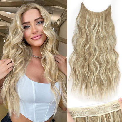 Picture of KooKaStyle Invisible Wire Hair Extensions with Transparent Wire Adjustable Size 4 Secure Clips Long Wavy Secret Hairpiece (20 Inch, Light Brown mix Highlight Blonde)