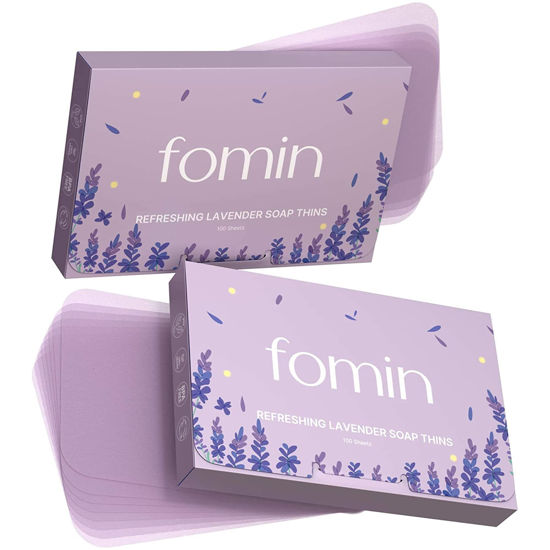 Picture of FOMIN - Antibacterial Paper Soap Sheets for Hand Washing - (200 Sheets) Lavender Portable Travel Soap Sheets, Dissolvable Camping Mini Soap, Portable Soap Sheets