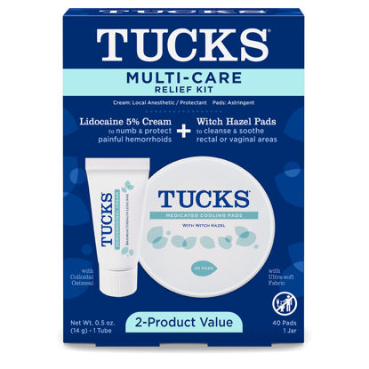 Picture of Tucks Multi-Care Relief Kit - 40 Count Witch Hazel Pads & 0.5 oz. Lidocaine Cream - Hemorrhoid Pads with Witch Hazel, Protects from Irritation, Hemorrhoid Treatment, Medicated Pads Used by Hospitals