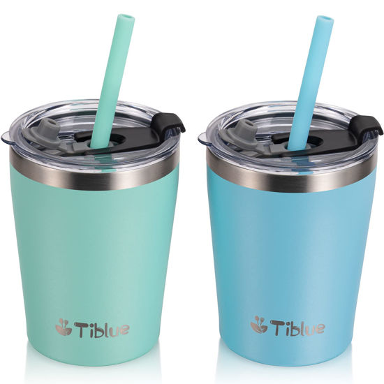  2 Pcs Kids Cups with Straw and Lid, Toddler Smoothie Cup Spill  Proof Vacuum Stainless Steel Insulated Tumbler for Boys, Powder Coated Baby Child  Cup + BPA Free Lids +