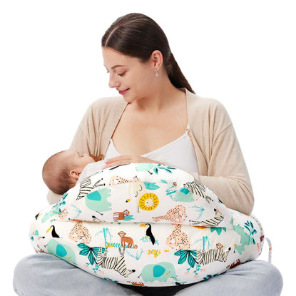Picture of Momcozy Original Nursing Pillow for Breastfeeding, Plus Size Breastfeeding Pillows for More Support, with Adjustable Waist Strap and Removable Cotton Cover, Colorful Wildlife