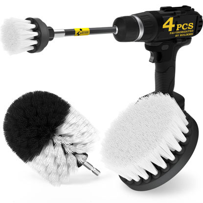 Picture of Holikme 4Pack Drill Brush Power Scrubber Cleaning Brush Extended Long Attachment Set All Purpose Drill Scrub Brushes Kit for Grout, Floor, Tub, Shower, Tile, Bathroom and Kitchen Surface White