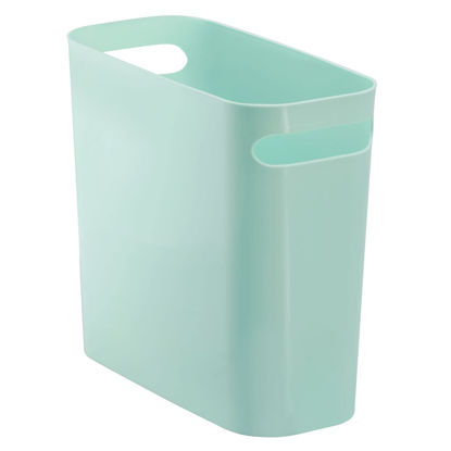 Picture of mDesign Plastic Small Trash Can, 1.5 Gallon/5.7-Liter Wastebasket, Narrow Garbage Bin with Handles for Bathroom, Laundry, Home Office - Holds Waste, Recycling, 10" High - Aura Collection, Mint Green
