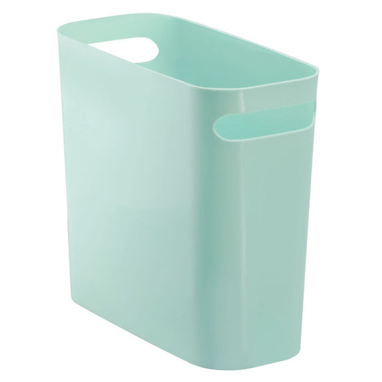 Picture of mDesign Plastic Small Trash Can, 1.5 Gallon/5.7-Liter Wastebasket, Narrow Garbage Bin with Handles for Bathroom, Laundry, Home Office - Holds Waste, Recycling, 10" High - Aura Collection, Mint Green