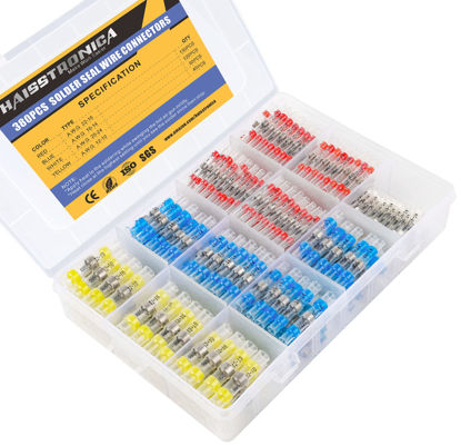 Picture of 380PCS Solder Seal Wire Connectors-haisstronica Waterproof Wire Connectors-Electrical Connectors-Heat Shrink Butt Connectors-Self Solder for Marine,Stereo(40Yellow 90White 130Red 120Blue)Solder Sleeve