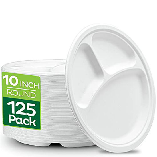 Picture of 100% Compostable 10 Inch Heavy-Duty Plates [125-Pack] 3 Compartment Eco-Friendly Disposable White Bagasse Plate, Made of Natural Sugarcane Fibers - 10" Biodegradable Paper Plates by Stack Man