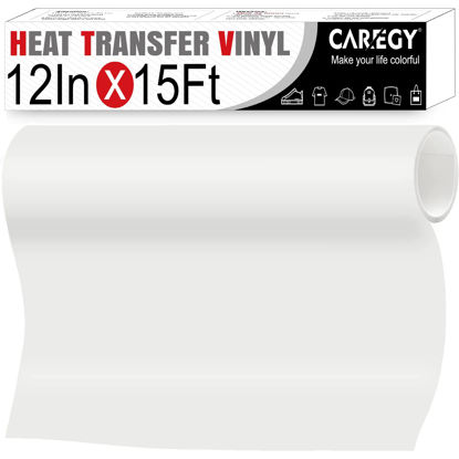 Picture of HTV Iron on Vinyl 12 inch x15 Feet Roll by CAREGY Easy to Cut & Weed Iron on Heat Transfer Vinyl DIY Heat Press Design for T-Shirts Glossy White