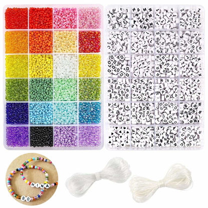 Picture of DICOBD Craft Beads Kit 10800pcs 3mm Glass Seed Beads and 1200pcs Letter Beads for Friendship Bracelets Jewelry Making Necklaces and Key Chains with 2 Rolls of Cord Multicolored