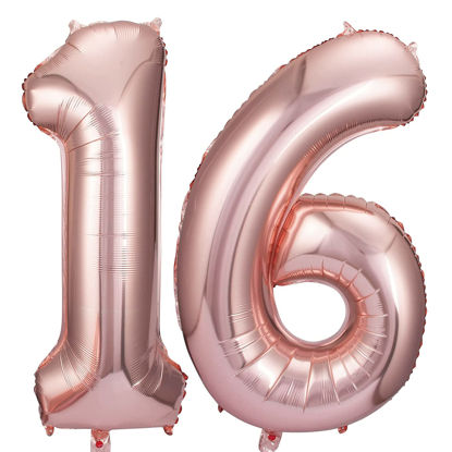 Picture of 16 Balloon Numbers Rose Gold Big Giant Jumbo Number 16 Foil Mylar Balloons for Sweet 16th Birthday Party Supplies 16 Anniversary Events Decorations