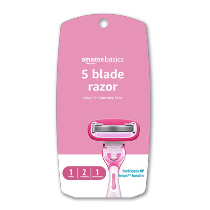 Picture of Amazon Basics Women's 5 Blade FITS Razor for Women, Fits Amazon Basics and Venus Handles, Includes 1 FITS Handle, 2 Cartridges & 1 Shower Hanger, Pink