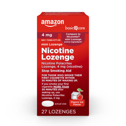 Picture of Amazon Basic Care Nicotine Polacrilex Mini Lozenge 4 mg, Stop Smoking Aid, Cherry Ice Flavor, 27 Count