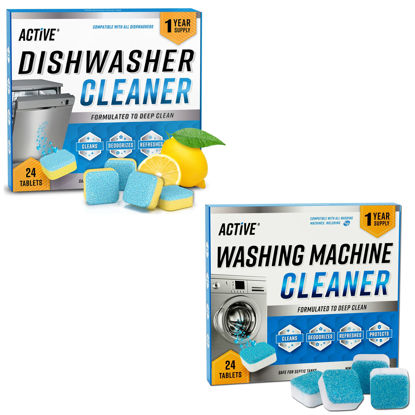 Picture of ACTIVE Washing Machine And Dishwasher Cleaning Tablets Bundle - Includes 12 Month Supply Dishwasher Cleaner Deodorizer & Washing Machine Descaler Deep Cleaning Tablets - 48 Tablet Combo