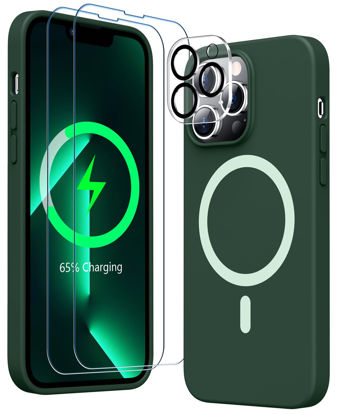 Picture of [6 in 1] Liquid Silicone for iPhone 13 Pro Max Phone Case with Magsafe,[Glass Screen Protector+Camera Lens Protector][Anti-Scratch Microfiber Lining]Shockproof Case for iPhone 13 Pro Max-Alpine Green