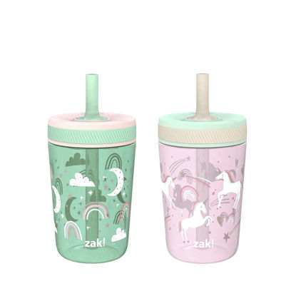 Picture of Zak Designs Kelso Toddler Cups For Travel or At Home, 15oz 2-Pack Durable Plastic Sippy Cups With Leak-Proof Design is Perfect For Kids (Fanciful Unicorn, Happy Skies)