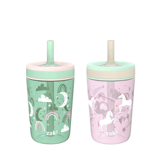 Picture of Zak Designs Kelso Toddler Cups For Travel or At Home, 15oz 2-Pack Durable Plastic Sippy Cups With Leak-Proof Design is Perfect For Kids (Fanciful Unicorn, Happy Skies)