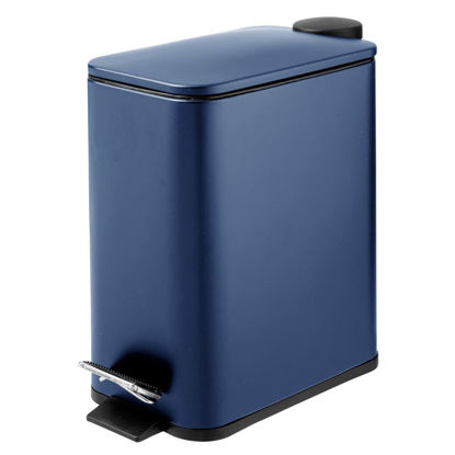 Picture of mDesign Slim Metal Rectangle 1.3 Gallon Trash Can with Step Pedal, Easy-Close Lid, Removable Liner - Narrow Wastebasket Garbage Container Bin for Bathroom, Bedroom, Kitchen, Office - Navy Blue