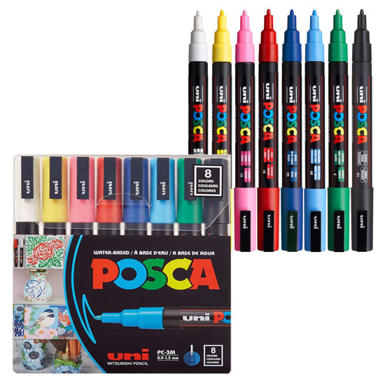 Picture of 8 Posca Paint Markers, 3M Fine Posca Markers with Reversible Tips, Posca Marker Set of Acrylic Paint Pens | Posca Pens for Art Supplies, Fabric Paint, Fabric Markers, Paint Pen, Art Markers