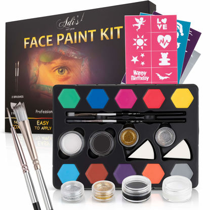 Picture of Face Paint Kit for Kids - 58 pcs. Set with Water Based - Quick Dry - Non-Toxic Sensitive Skin Paints - Glitters - Sponge Applicators - Professional Paint Brushes - Stencils