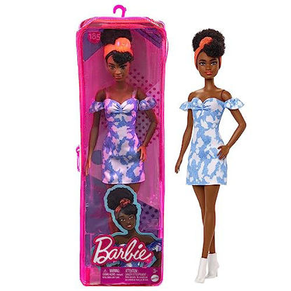 Picture of Barbie Fashionistas Doll #185 with Black Up-Do Hair, Bleached Denim Dress, Boots & Headband Accessory