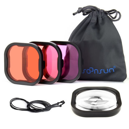 Picture of SOONSUN 4-Pack Dive Filter for GoPro Hero 11 10 9 8 Black Official Waterproof Housing - Red, Light Red, Magenta, 5X Close-up Macro Filters - Color Correction for Underwater Photograph Video Recording