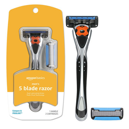 Picture of Amazon Basics 5-Blade MotionSphere Razor for Men with Dual Lubrication and Precision Beard Trimmer, Handle & 2 Cartridges (Cartridges fit Amazon Basics Razor Handles only) (Previously Solimo)