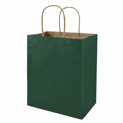 Picture of bagmad 100 Pack 8x4.75x10 inch Medium Green Gift Paper Bags with Handles Bulk, Kraft Bags, Craft Grocery Shopping Retail Party Favors Wedding Bags Sacks (Dark Green, 100pcs)