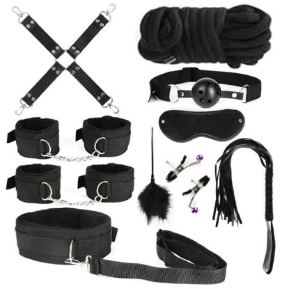 Picture of BDSM Bed Restraints Sex Toys - 10 PCS Bondage Kit for Couples Restraints Set Kinky Toys with Nipple Clamp Handcuffs Collar Ankle Cuff Blindfold Feather Tickler Gag Ball