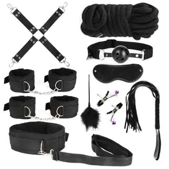 GetUSCart- BDSM Bed Restraints Sex Toys - 10 PCS Bondage Kit for Couples  Restraints Set Kinky Toys with Nipple Clamp Handcuffs Collar Ankle Cuff  Blindfold Feather Tickler Gag Ball