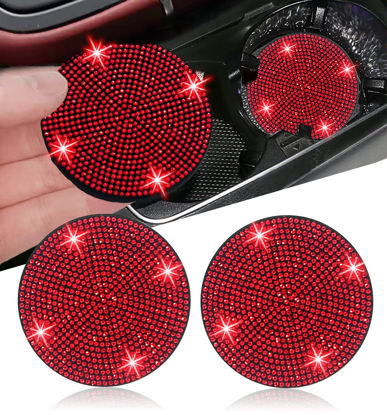 Picture of 2pcs Bling Car Cup Holder Coaster, 2.75 inch Anti-Slip Shockproof Universal Fashion Vehicle Car Coasters Insert Bling Crystal Rhinestone Auto Automotive Interior Accessories for Women (2 pcs, Red)