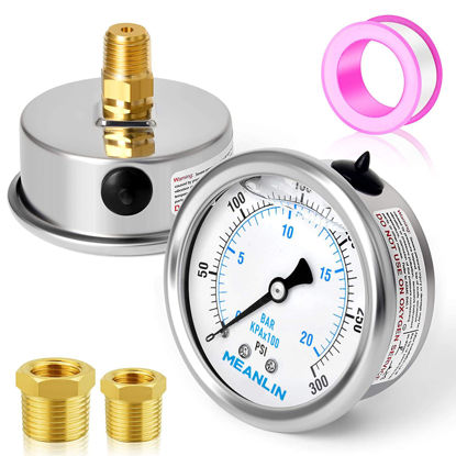 Picture of MEANLIN MEASURE 0~300Psi Stainless Steel 1/4" NPT 2.5" FACE DIAL Liquid Filled Pressure Gauge WOG Water Oil Gas Center Back Mount