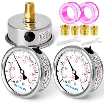 Picture of MEANLIN MEASURE -30~30Psi Stainless Steel 1/4" NPT 2.5" FACE DIAL Liquid Filled Pressure Gauge WOG Water Oil Gas Back Mount (Pack of 2）