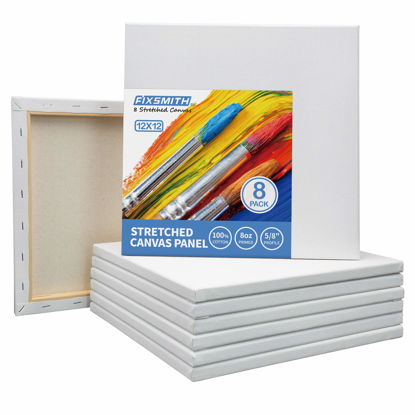 Picture of FIXSMITH Stretched White Blank Canvas- 12x12 Inch,Bulk Pack of 8,Primed,100% Cotton,5/8 Inch Profile of Super Value Pack for Acrylics,Oils & Other Painting Media