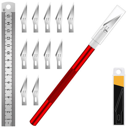Picture of DIYSELF 1 Pcs Craft Knife Hobby Knife with 11 Pcs Stainless Steel Blades Kit, 1pcs Steel 15MM Ruler for Art, Scrapbooking, Stencil(Red)