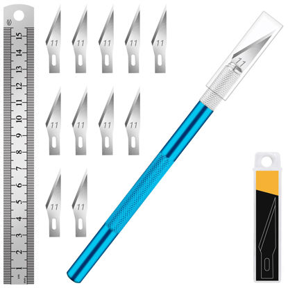 Picture of DIYSELF 1 Pcs Craft Knife Hobby Knife with 11 Pcs Stainless Steel Blades Kit, 1pcs Steel 15MM Ruler for Art, Scrapbooking, Stencil(Blue)