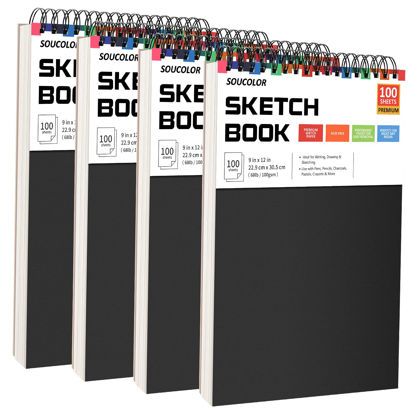 Picture of Soucolor 9" x 12" Sketch Book, 4-Pack 100 Sheets Spiral Bound Art Sketchbook, Acid Free (68lb/100gsm) Artist Drawing Book Paper Painting Sketching Pad